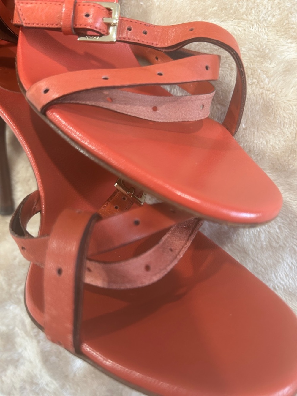 Gucci Women Sandals Strappy Heels Orange Red Leather Italy size 8B READ FLAWED - Picture 16 of 16